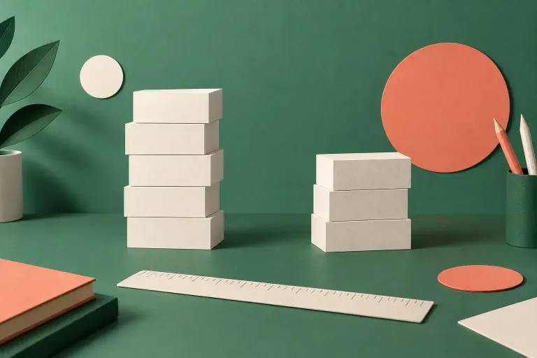 比較をイメージした二つの紙の積み重ねと定規