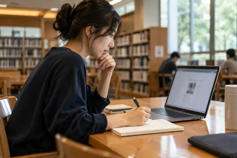 公共図書館の作業机に置かれたノートパソコンとメモ帳。